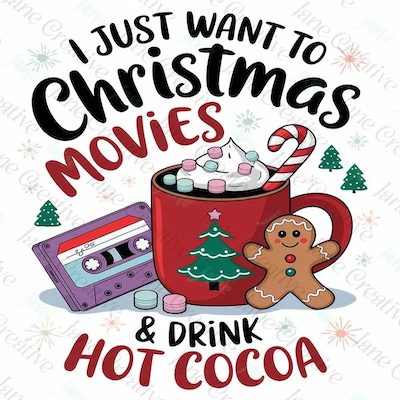 cartoon image of a cup of hot cocoa with the caption I just want to watch Christmas and drink hot cocoa