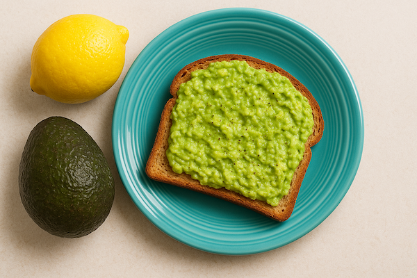 A slice of toast with avocado spread on top and a fresh avocado and lemon beside it.