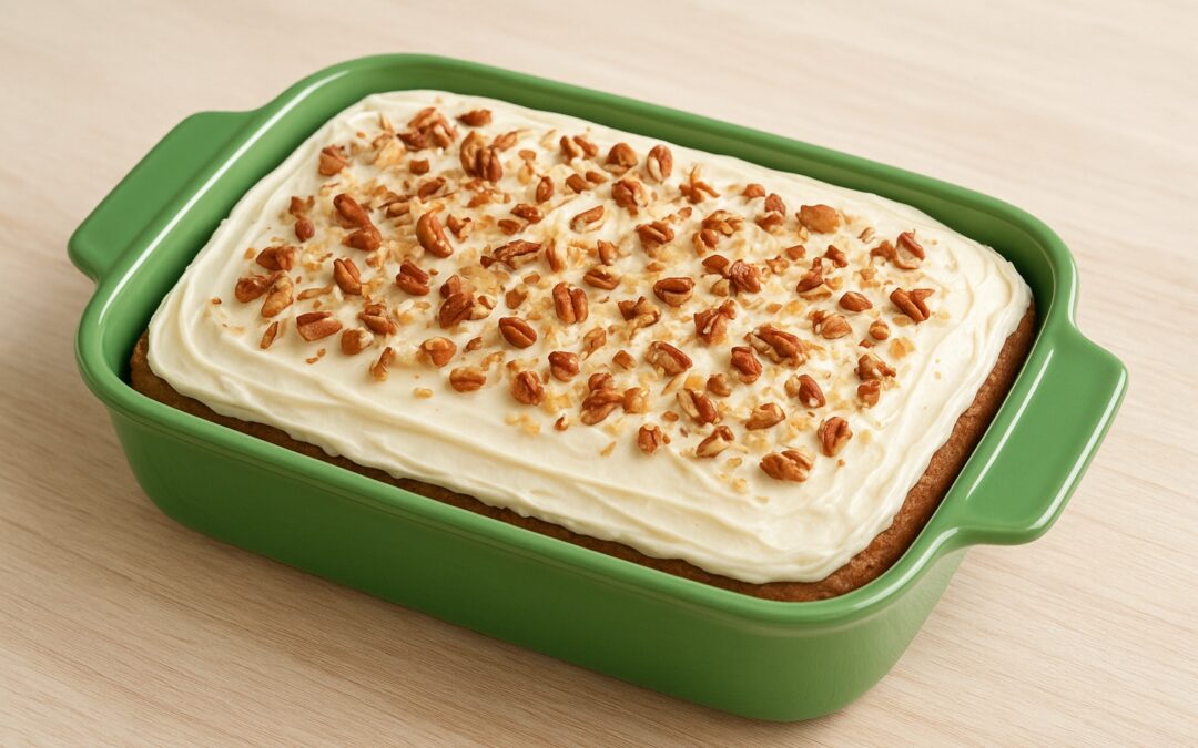 Hummingbird Cake in a Fiesta Ware baking dish