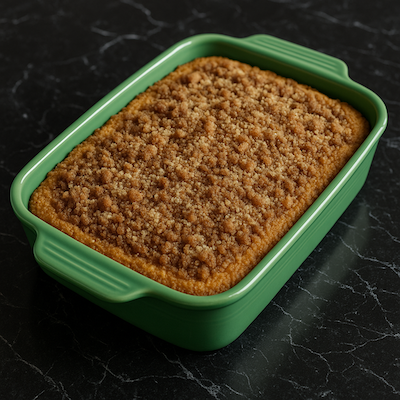 cake with cinnamon/sugar topping in a green Fiesta Ware baking dish