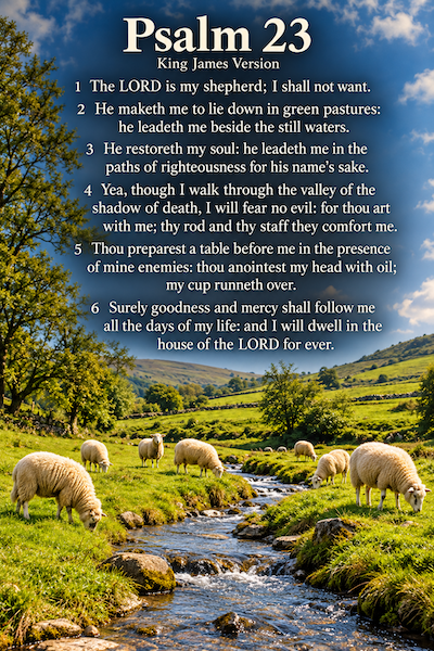 1 The Lord is my shepherd; I shall not want. 2 He maketh me to lie down in green pastures: he leadeth me beside the still waters. 3 He restoreth my soul: he leadeth me in the paths of righteousness for his name's sake. 4 Yea, though I walk through the valley of the shadow of death, I will fear no evil: for thou art with me; thy rod and thy staff they comfort me. 5 Thou preparest a table before me in the presence of mine enemies: thou anointest my head with oil; my cup runneth over. 6 Surely goodness and mercy shall follow me all the days of my life: and I will dwell in the house of the Lord for ever.